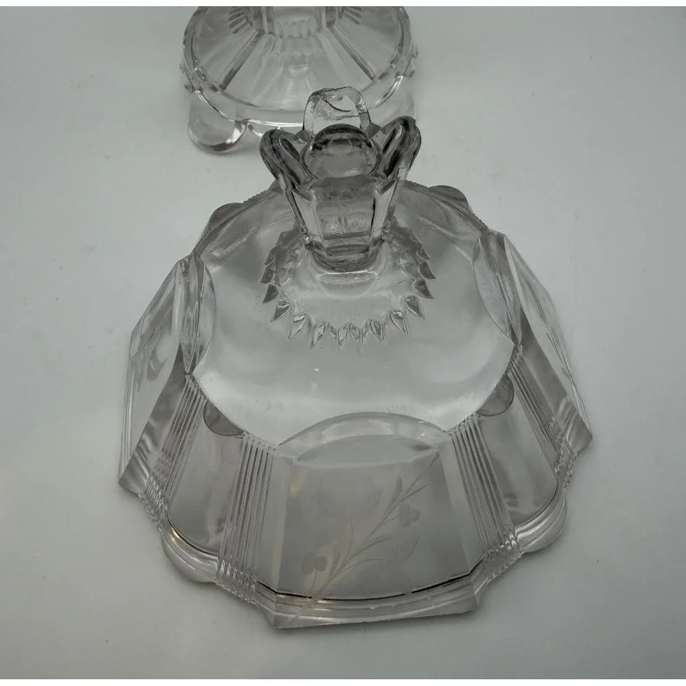 Antique EAPG Adams‎ & Co. Clear Ribbon #300 Covered Compote Floral Etched 1880s